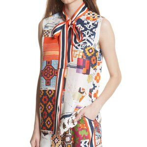 Tory Burch Sienna Scrapbook Collage Print Silk Blouse Patchwork Bow Tie Neck 2